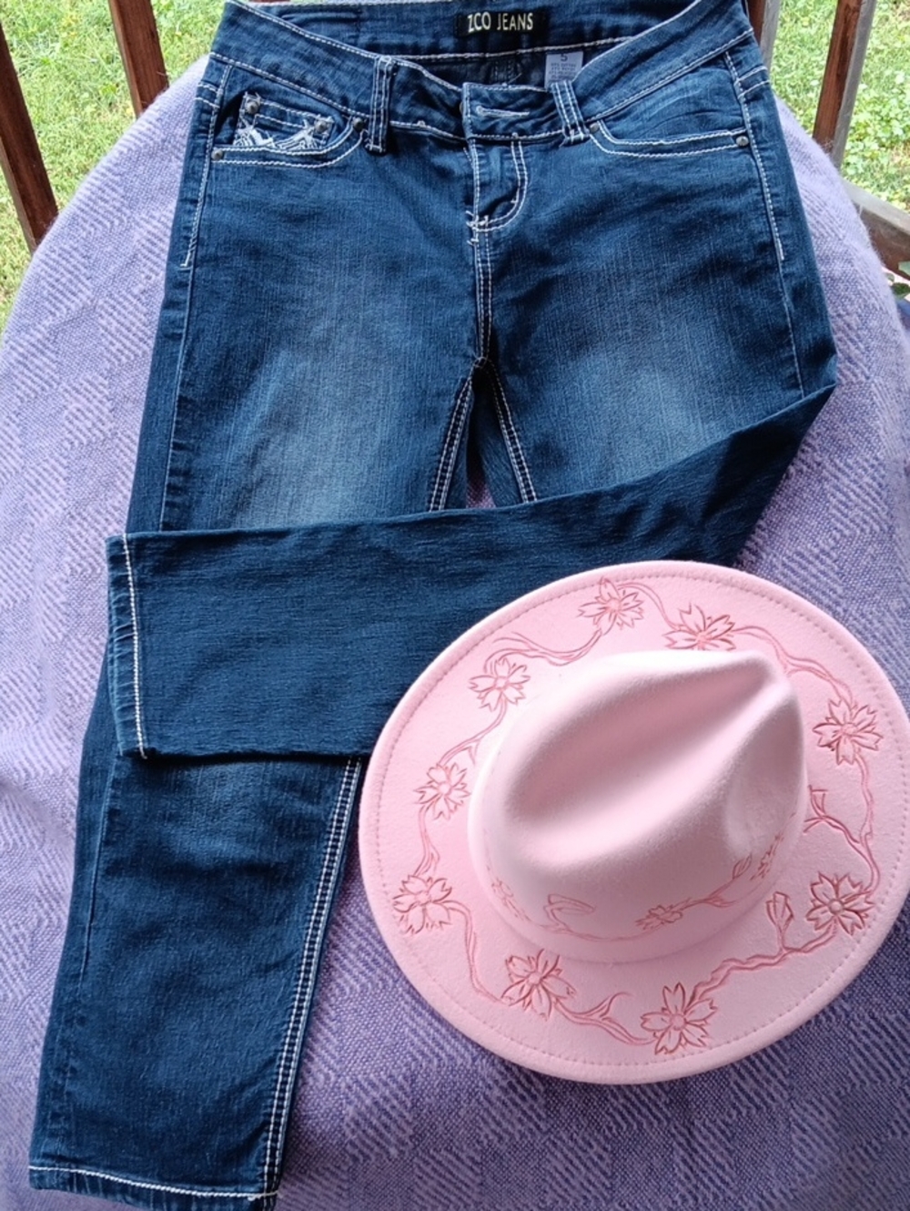 ZCO Dark Blue Boot Cut Jeans with Pink Hat Accent